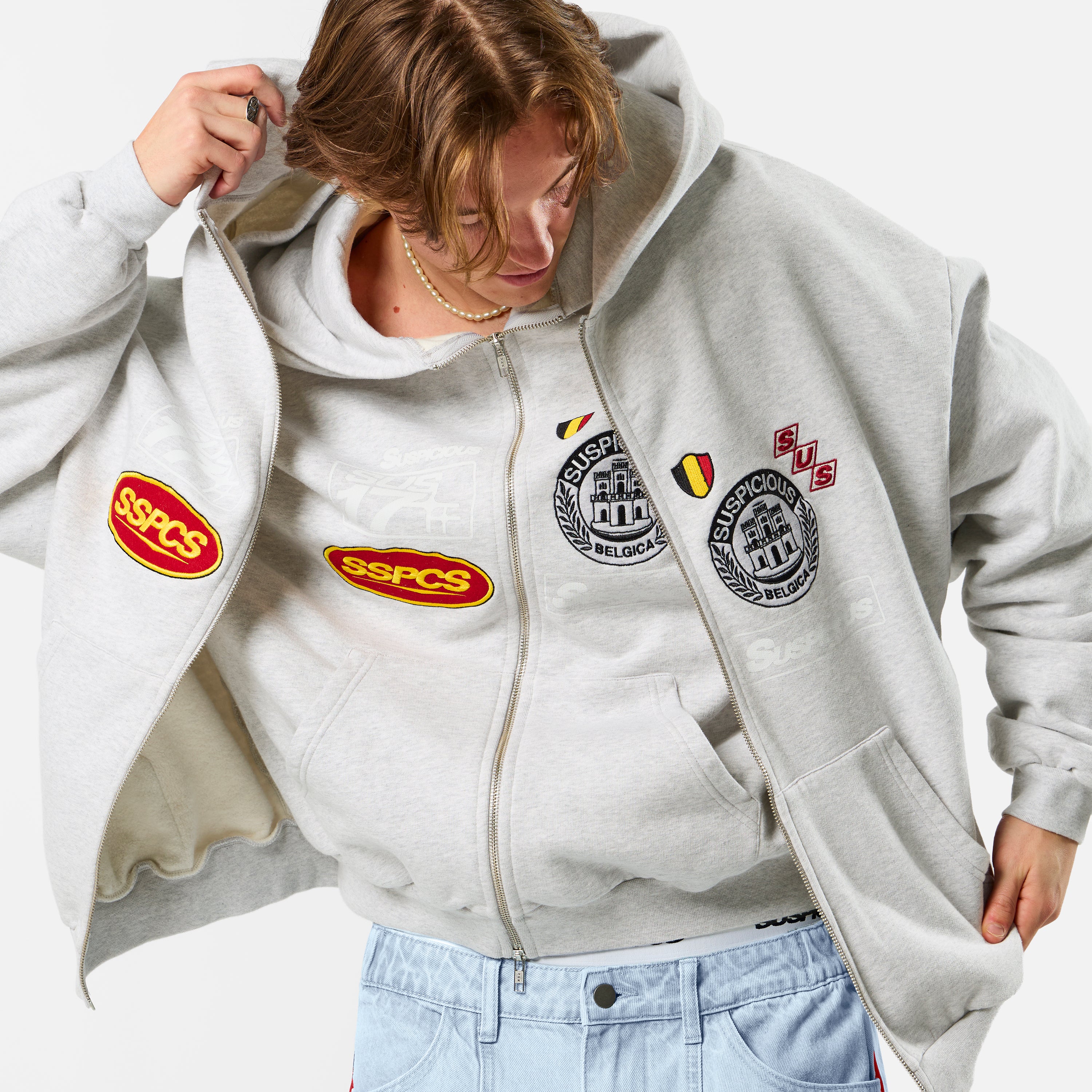 Off Season / Badge Line Up Zip-Up Hoodie - Ash - Image 2