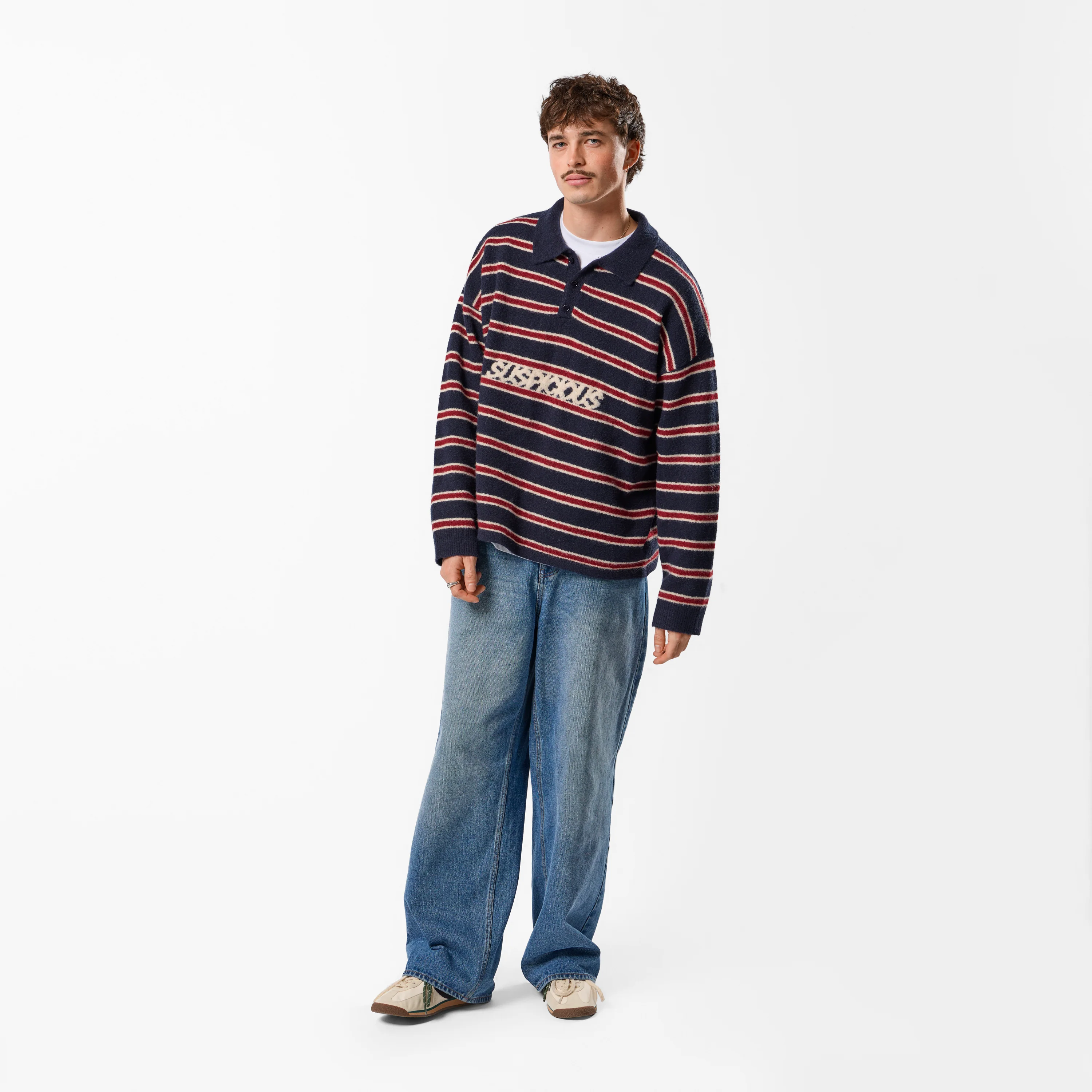 PL / Striped Knitted Longsleeve Polo - Navy & Red - Image 3
