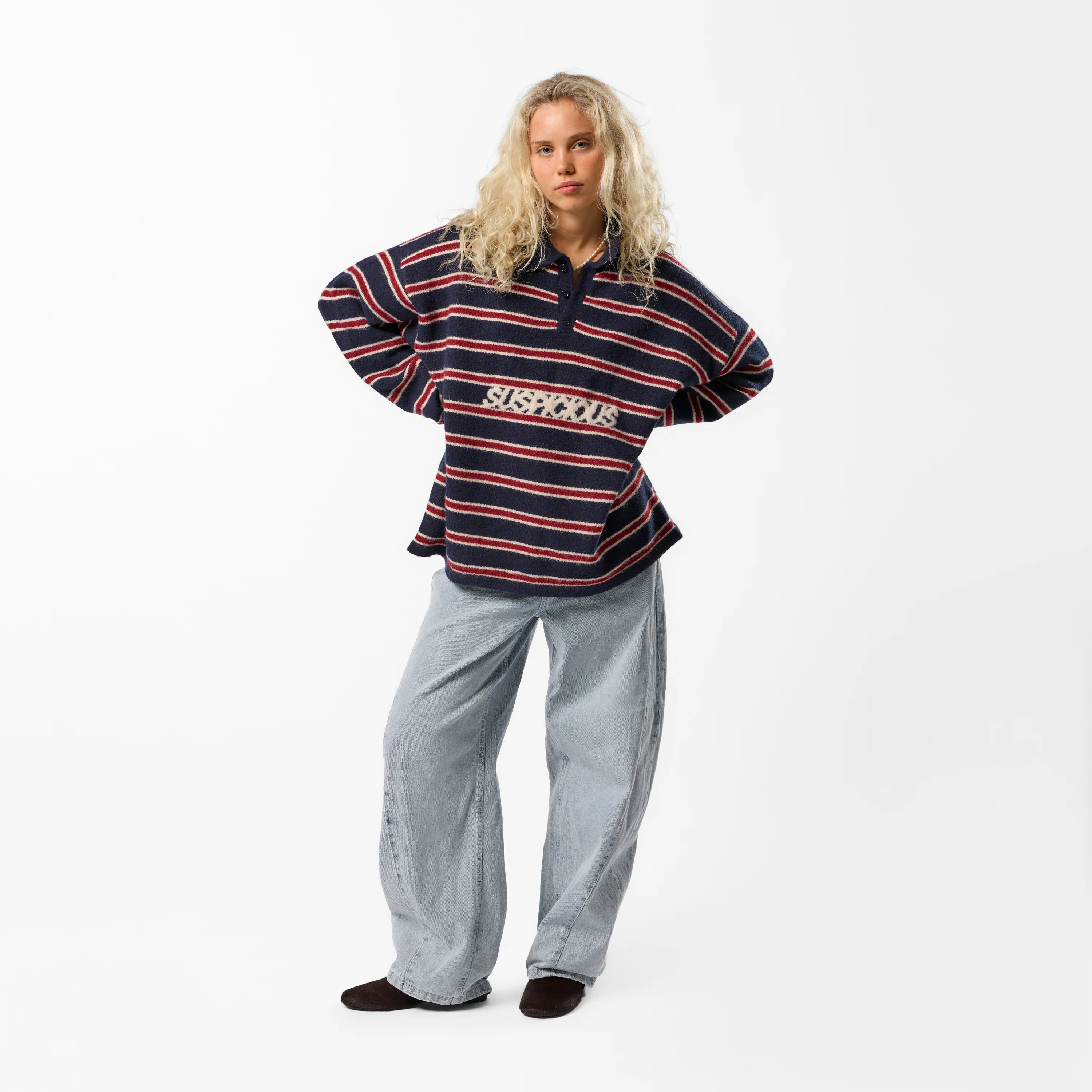 PL / Striped Knitted Longsleeve Polo - Navy & Red - Image 7