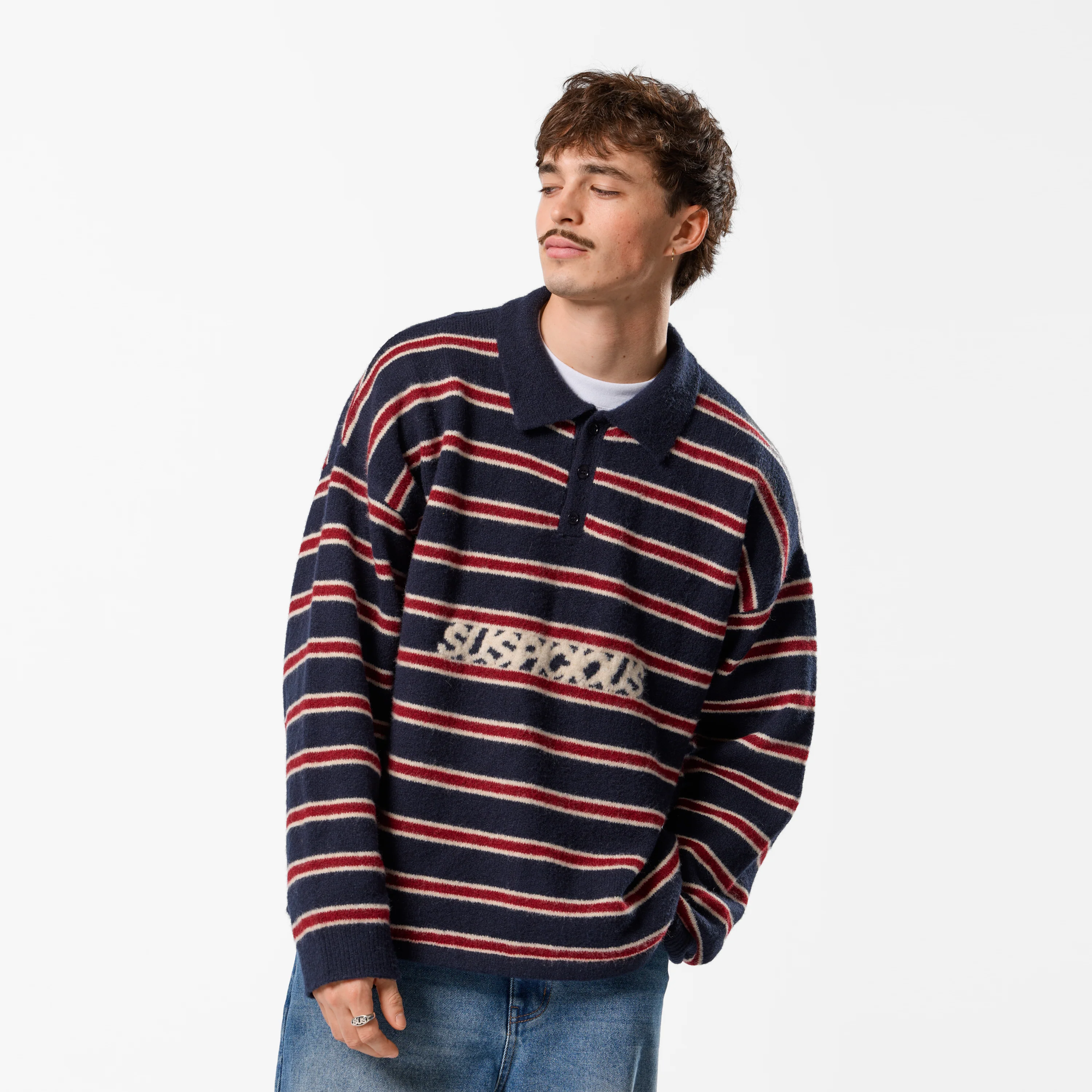 PL / Striped Knitted Longsleeve Polo - Navy & Red - Image 8