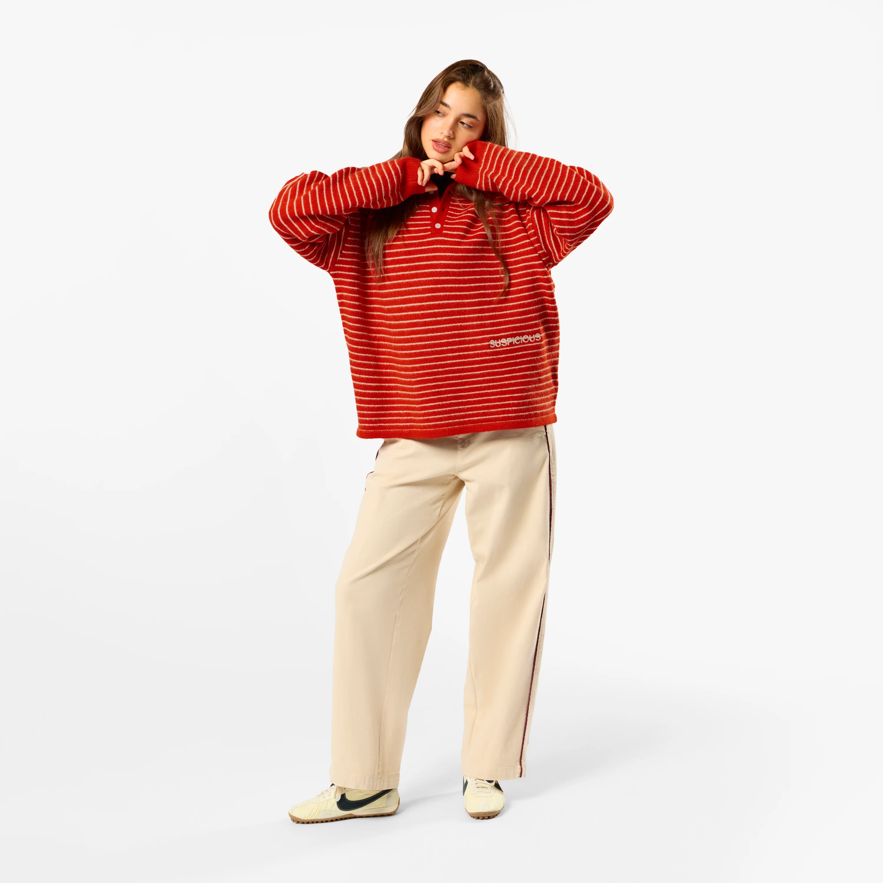 Polkaline / Striped Knitted Longsleeve Polo - Red - Image 3