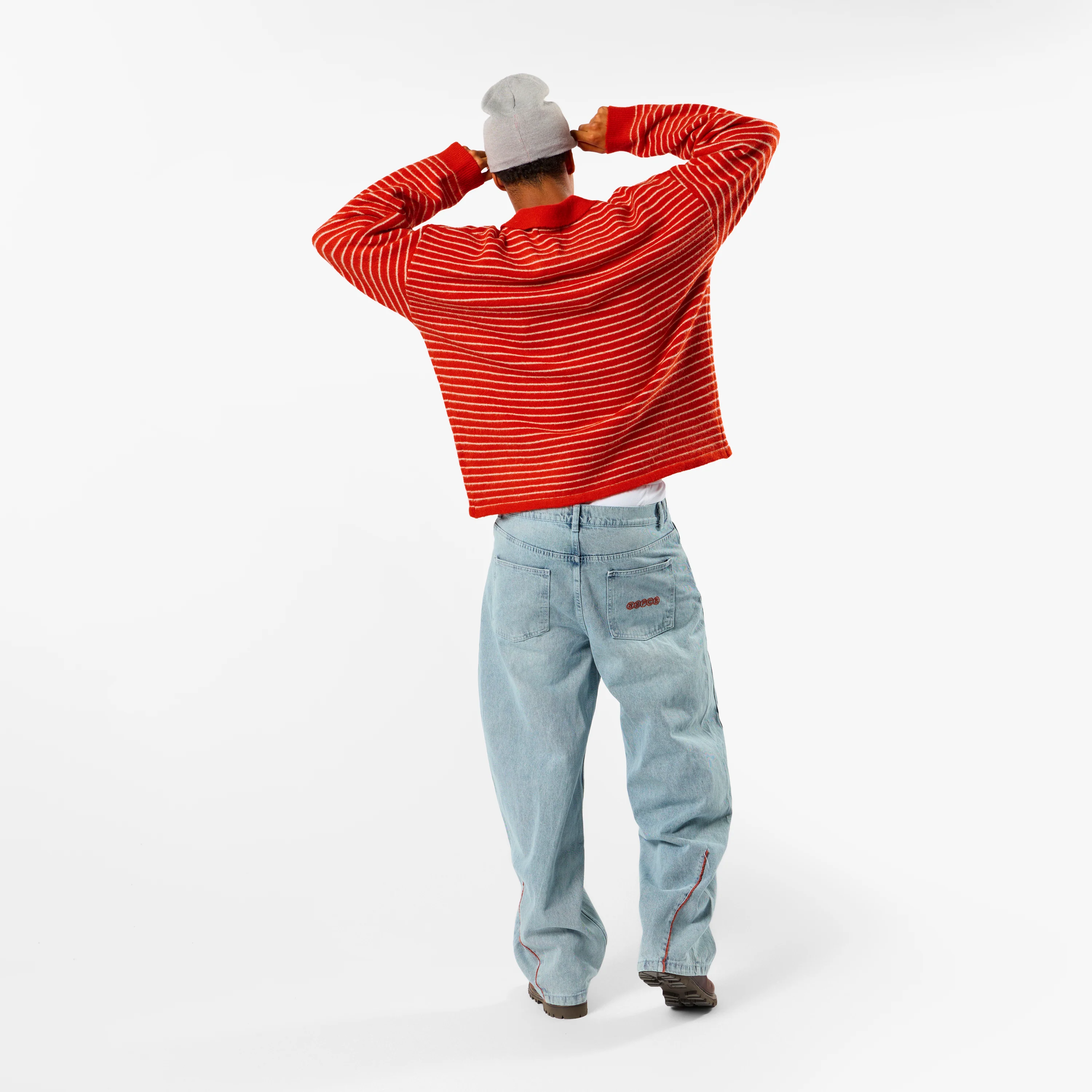 Polkaline / Striped Knitted Longsleeve Polo - Red - Image 4