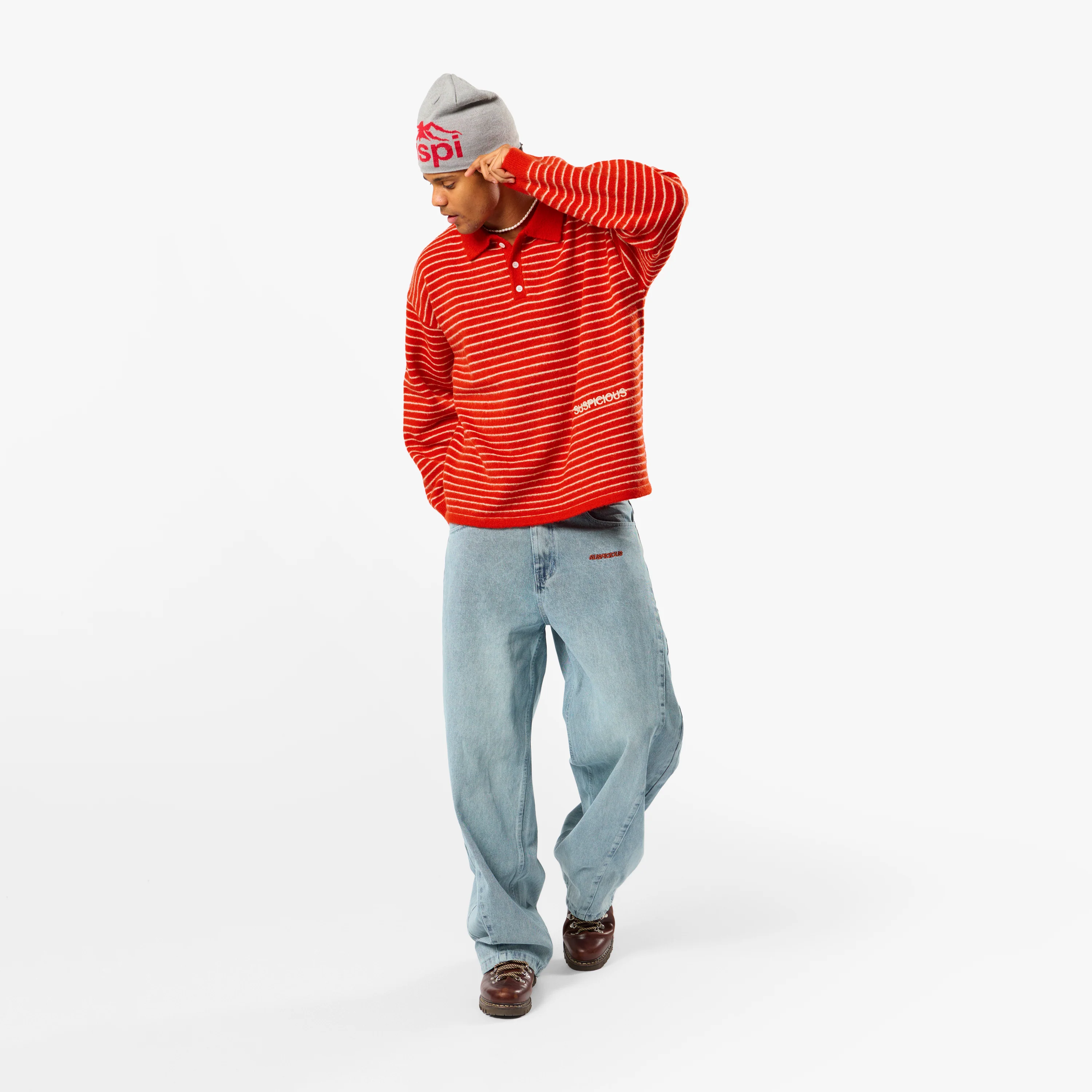Polkaline / Striped Knitted Longsleeve Polo - Red - Image 7