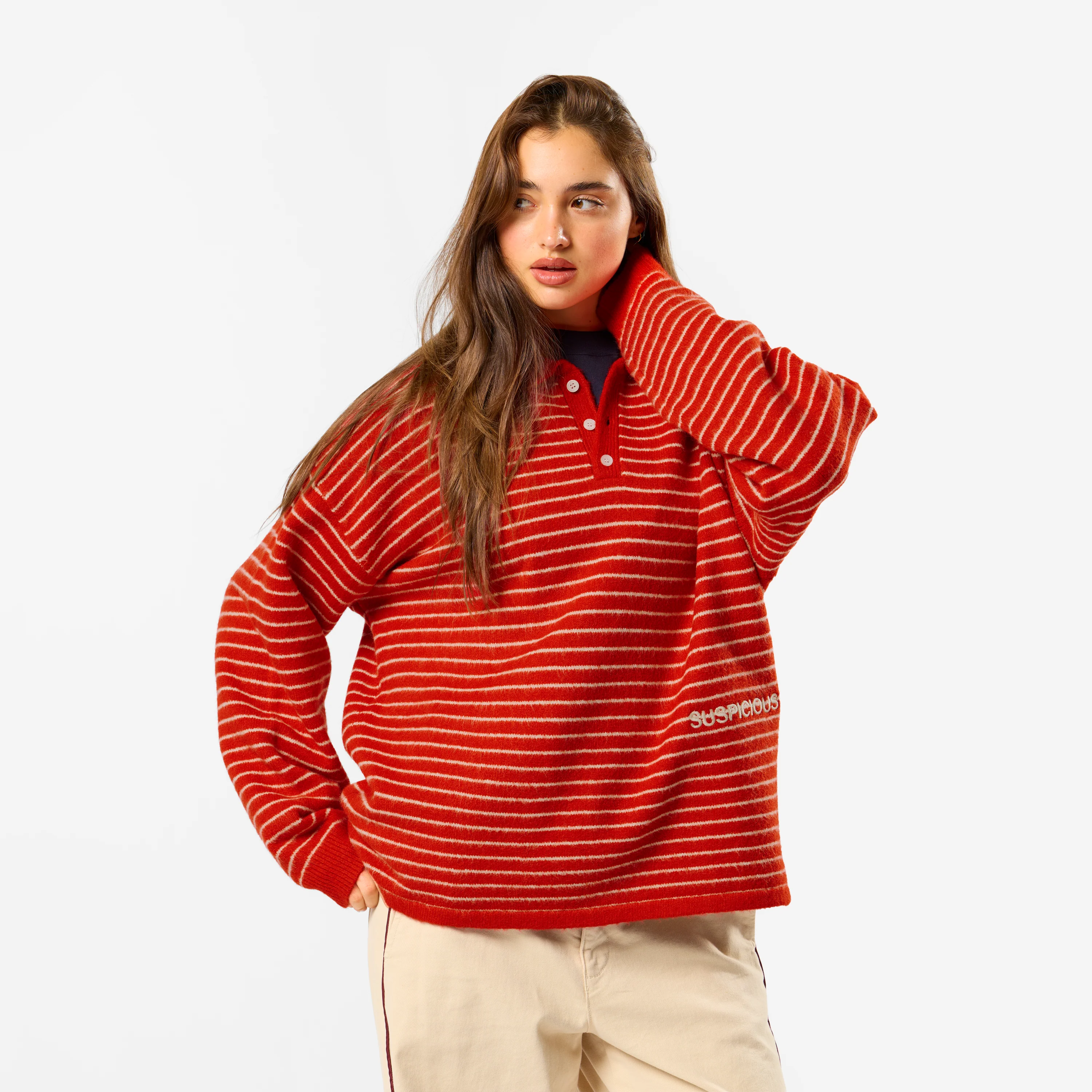 Polkaline / Striped Knitted Longsleeve Polo - Red - Image 8