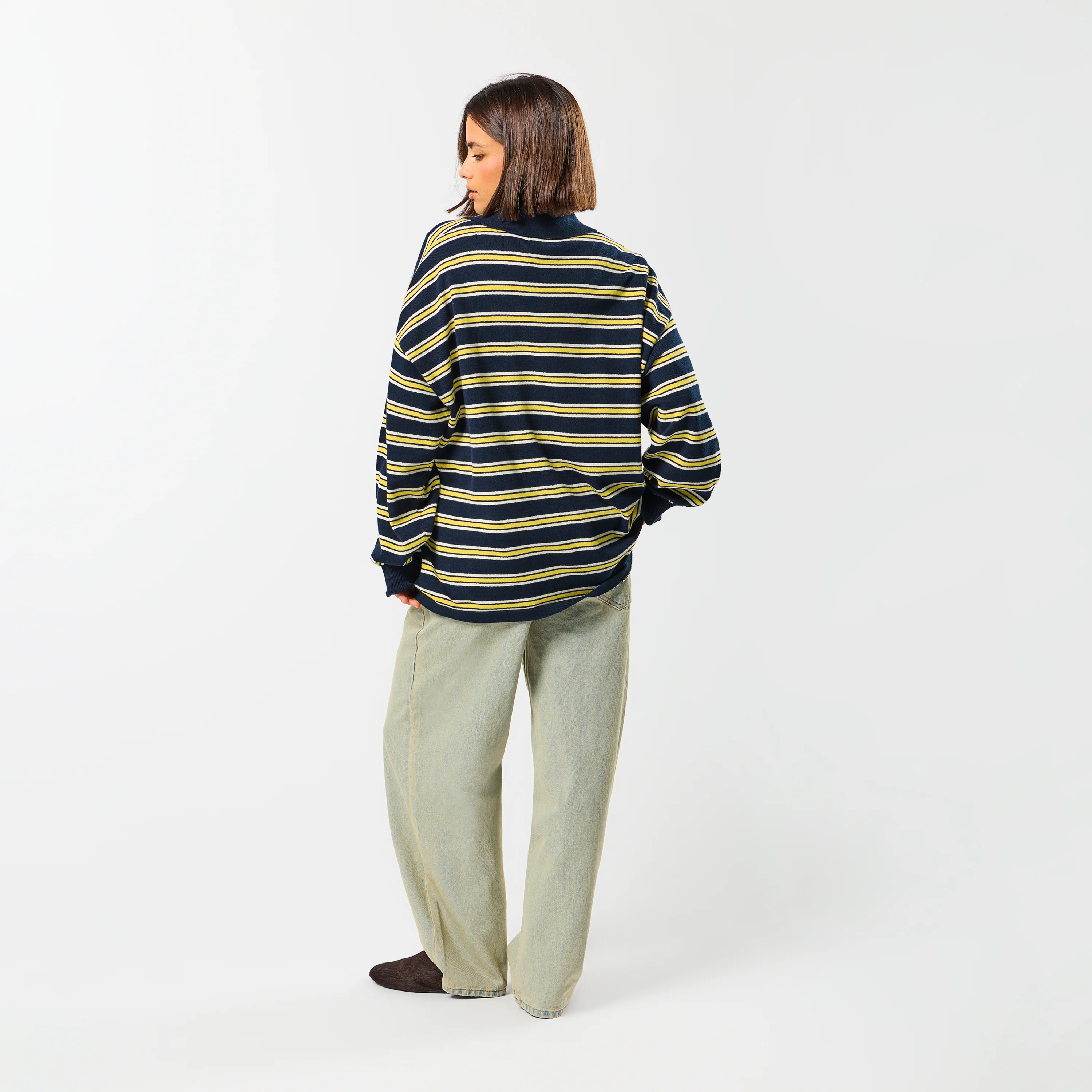 Softground / Striped Cotton Knitted Polo - Nightfall & Yellow - Image 4