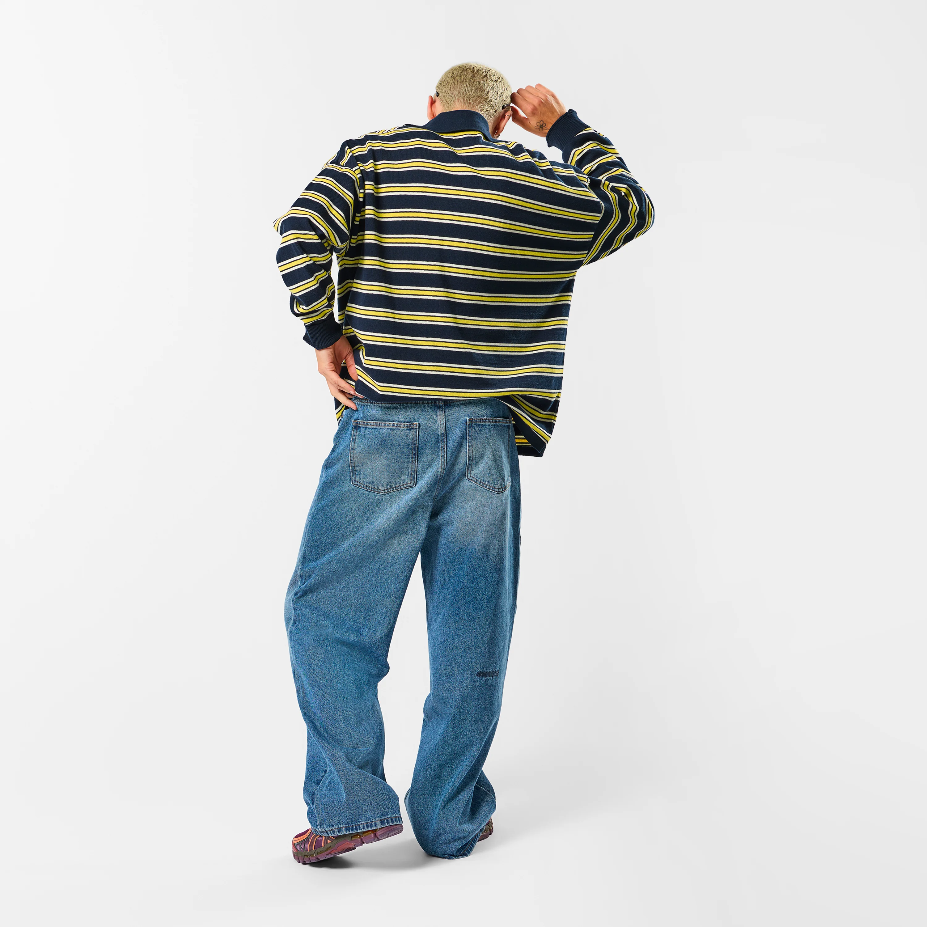Softground / Striped Cotton Knitted Polo - Nightfall & Yellow - Image 6