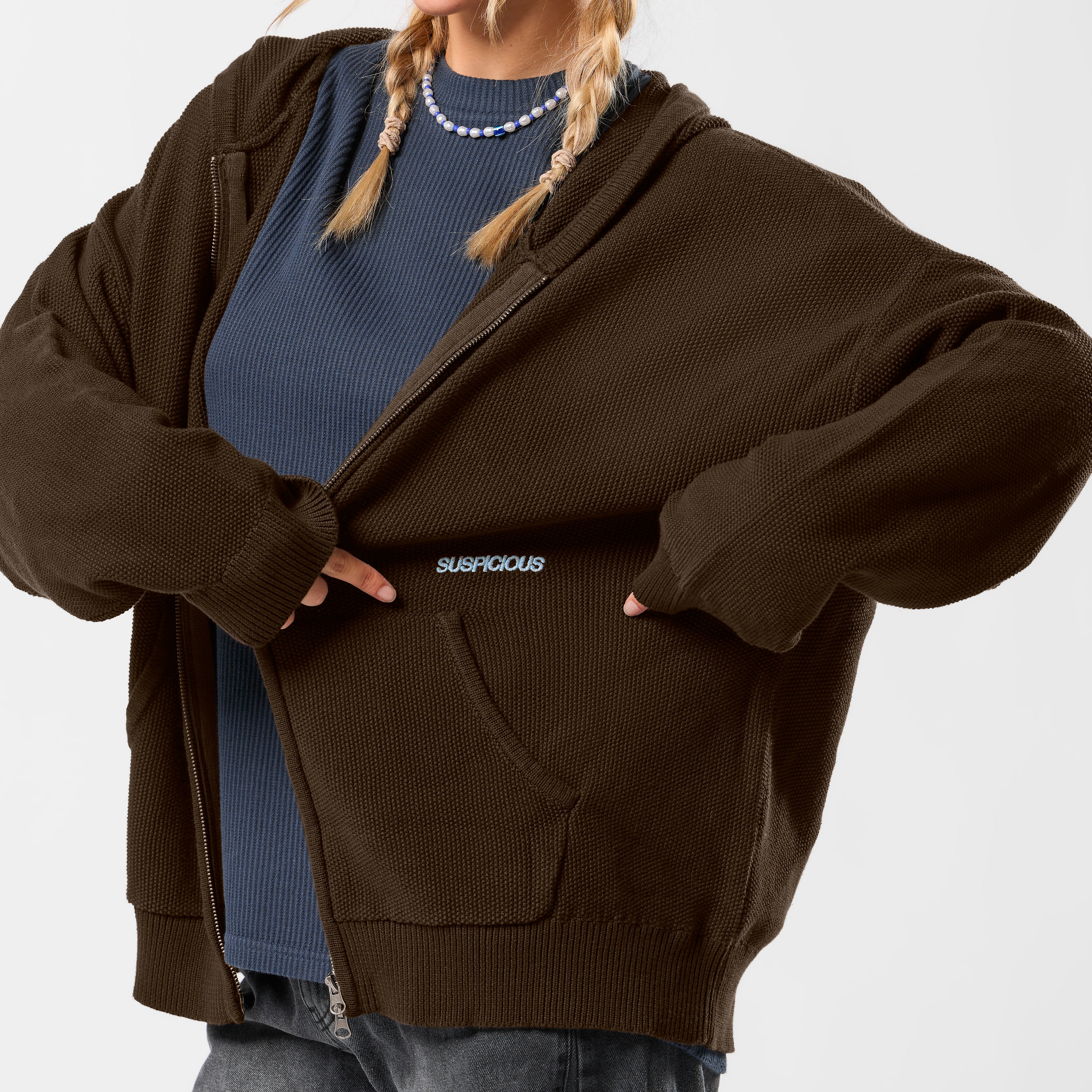 Winter2 / Essentials Tight Knitted Zipped Hoodie - Espresso - Image 2