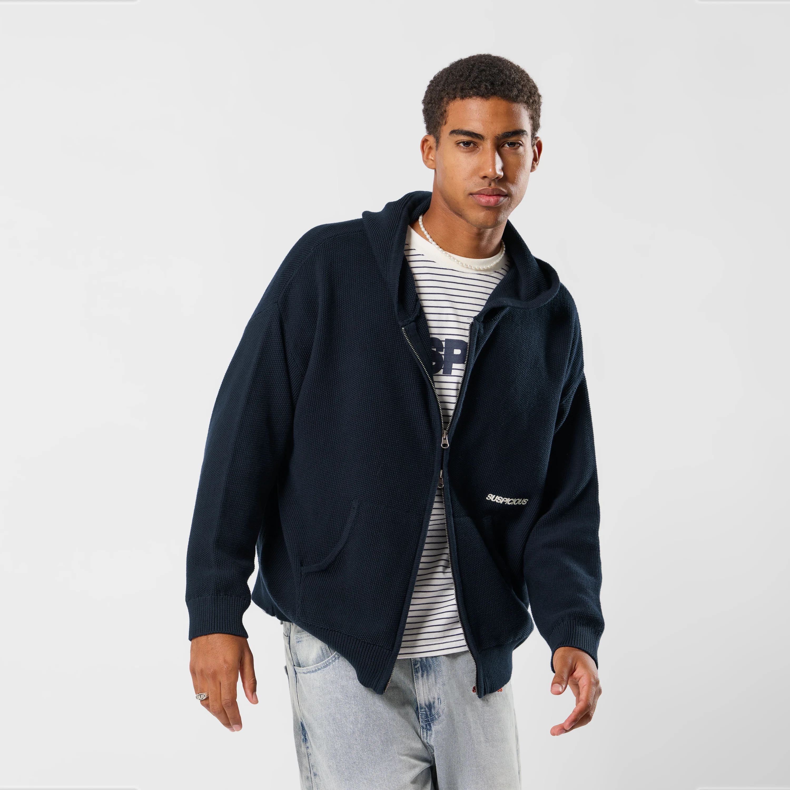 Winter2 / Essentials Tight Knitted Zipped Hoodie - Navy - Image 6
