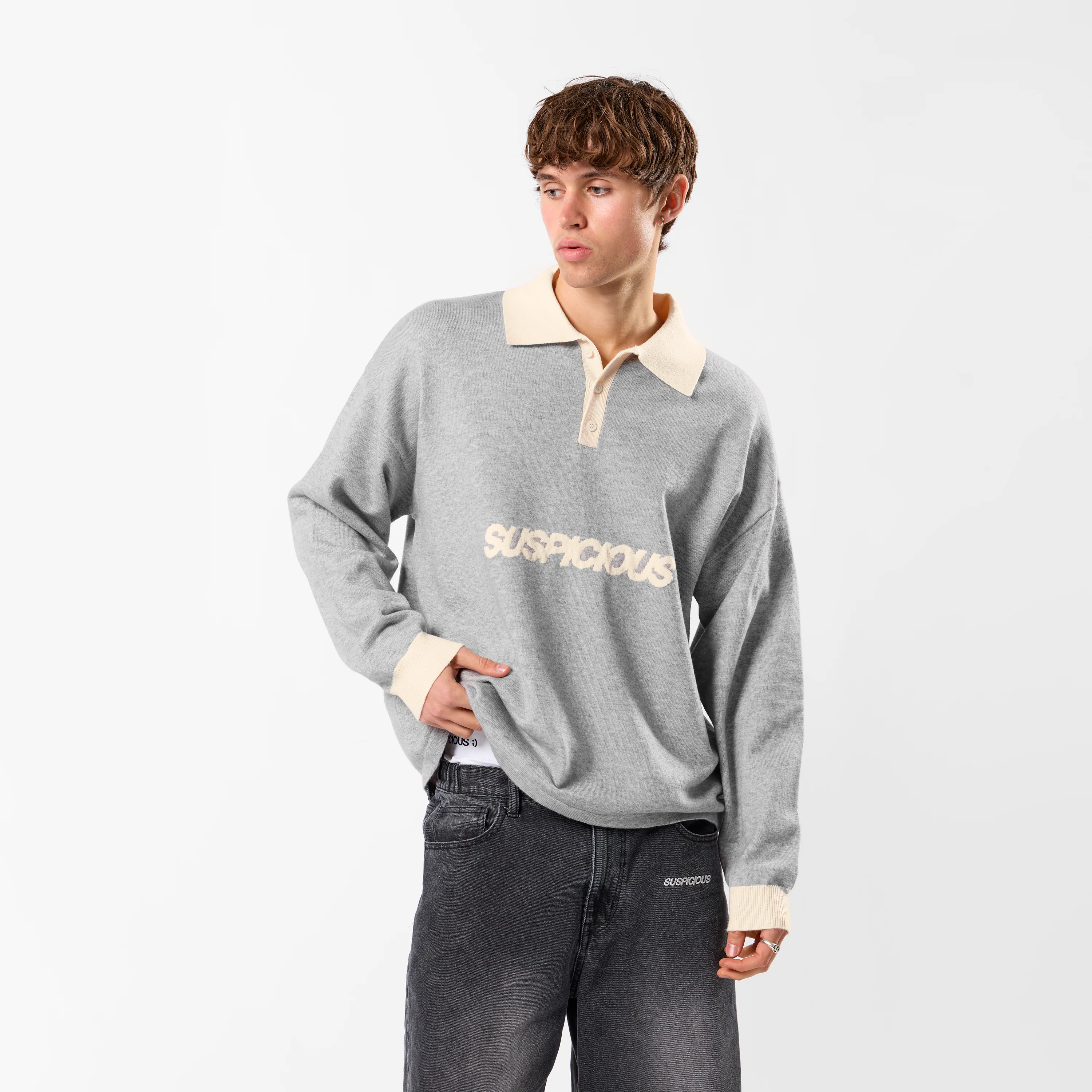 Winter3 / Icon Knitted Longsleeve Polo - Neutral Heather - Image 8