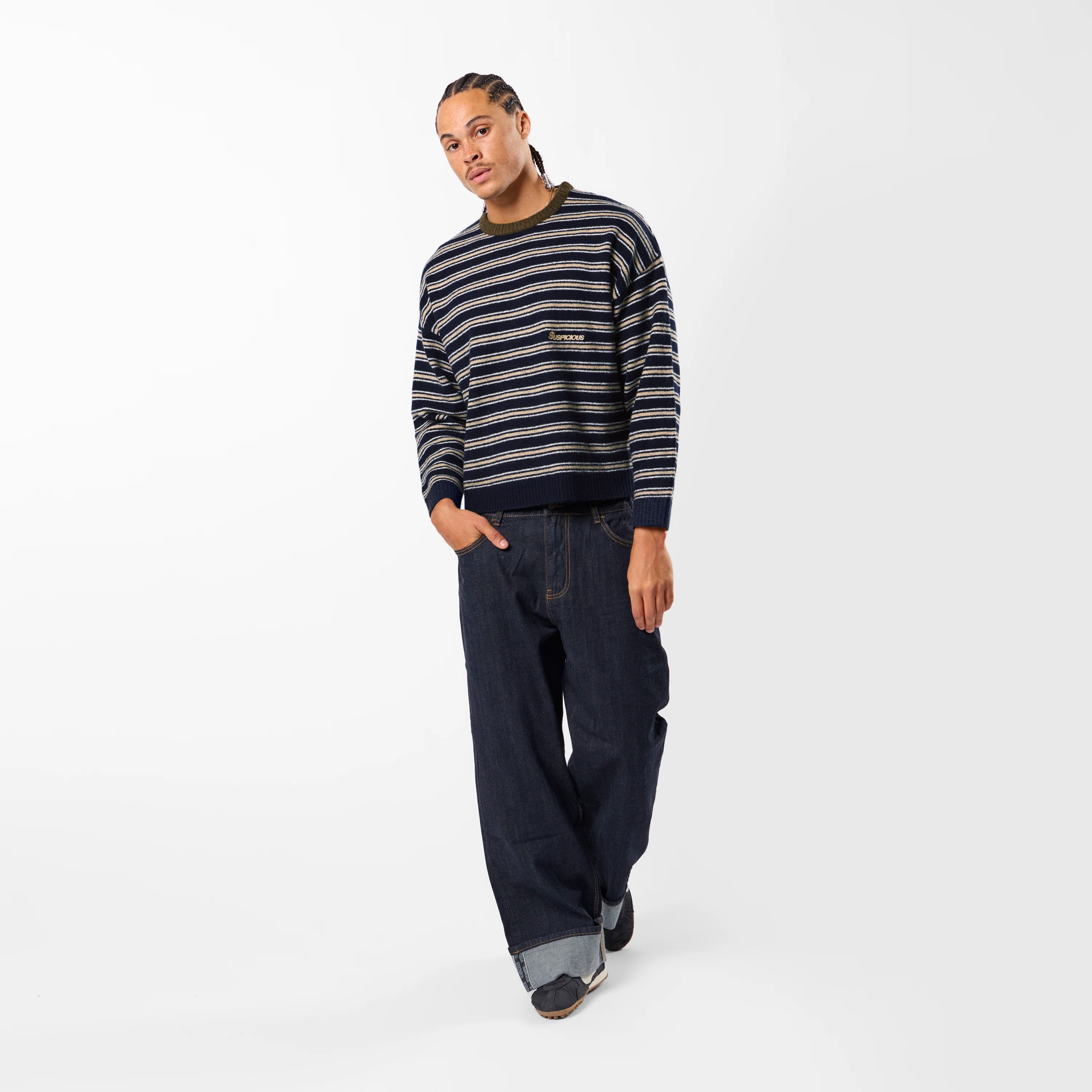 Winter3 / Striped Knitted Sweat - Blue & Brown - Image 3