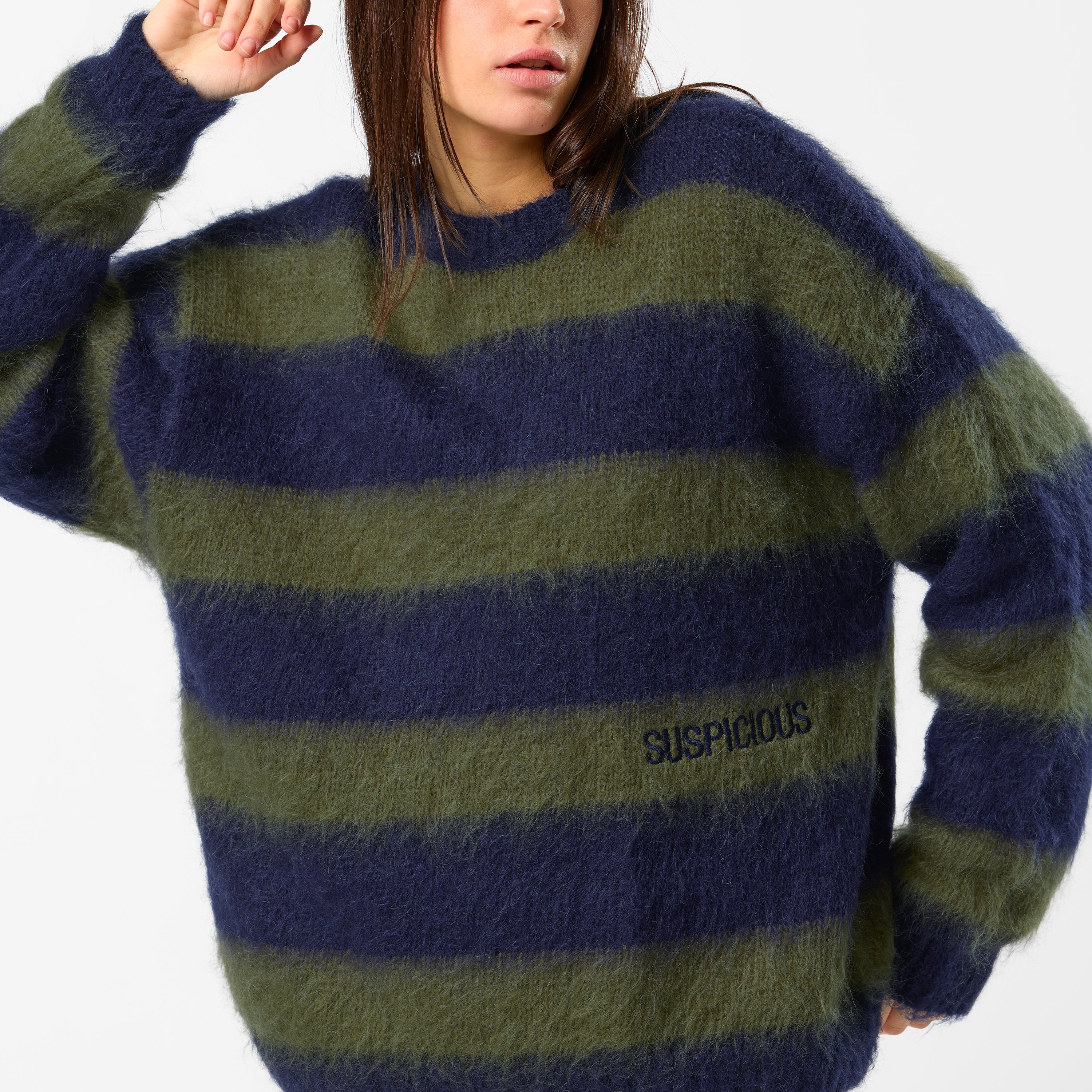 Winter4 / Essentials Striped Mohair Knit - Dark Navy & Olive Green - Image 8
